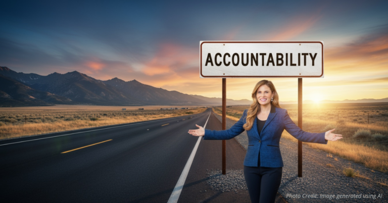 Bobby Daniels on the side of a mountain highway with the accountability sign next to her.