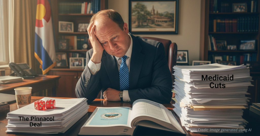 Jared Polis, sitting at desk, contemplating Medicaid cuts and Pinnacle deal.