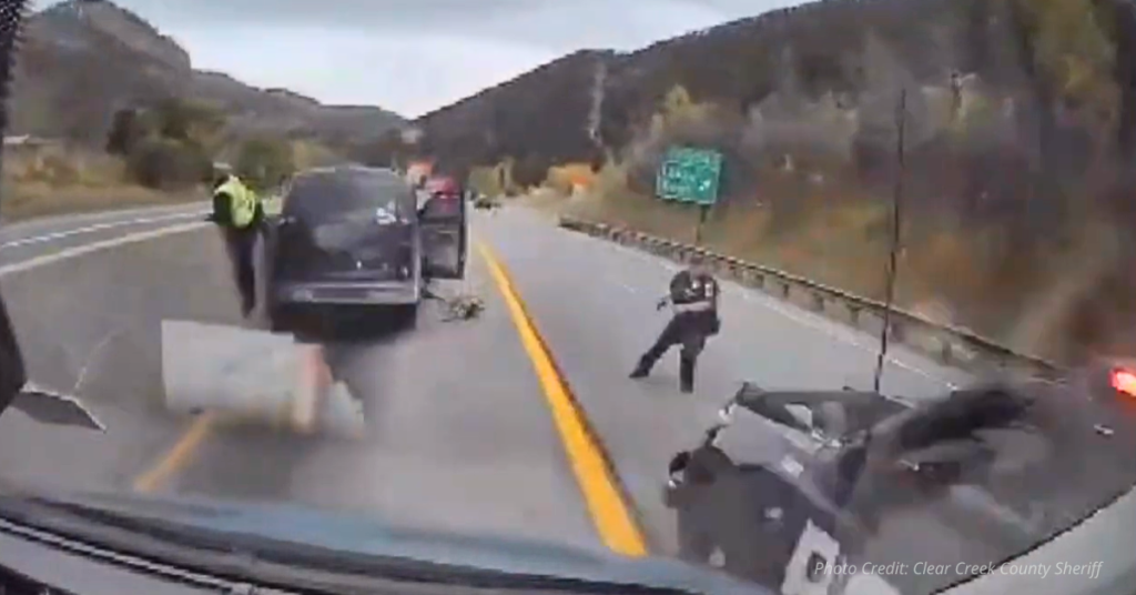 Stolen shuttle bus flees Colorado State Patrol.