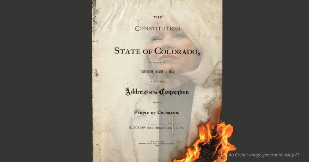 Tina Peters' image overlays the Colorado Constitution as the lower corner burns.