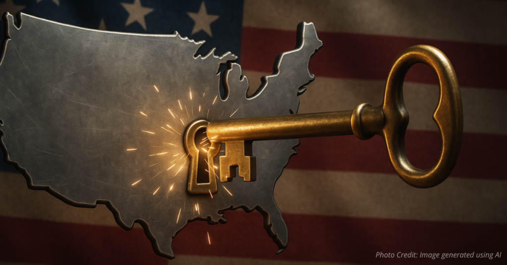 Key unlocking a U.S. map symbolizing freedom from bureaucracy