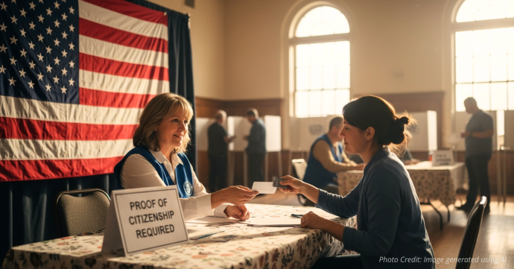Voter hands ballot and ID to poll worker under sign reading “Proof of Citizenship Required.”