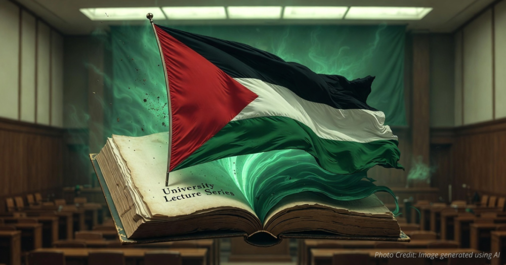 Open academic book with pages morphing into Hamas flags