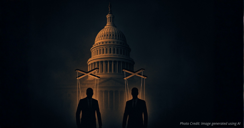 U.S. Capitol controlling senator silhouettes like puppets