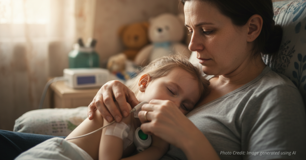 Caregiver holding the hand of a medically fragile child in warm light, symbolizing vulnerability during Medicaid cut debates.
