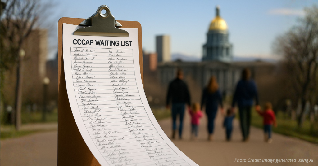 Clipboard with long CCCAP waiting list in Colorado with blurred families walking away