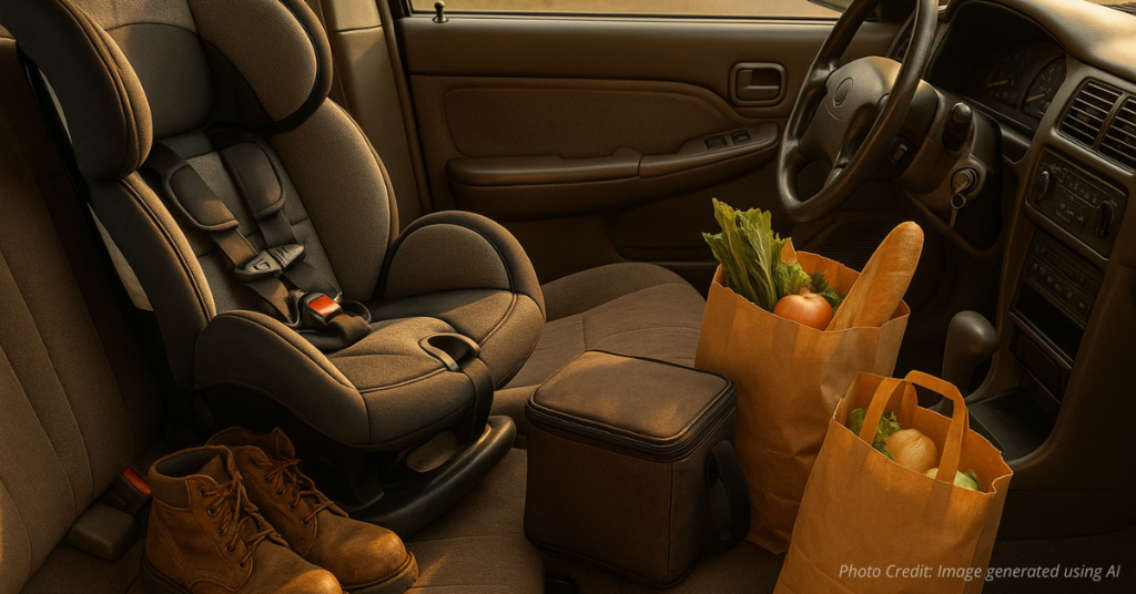 Everyday items inside an older car showing it is essential to family life