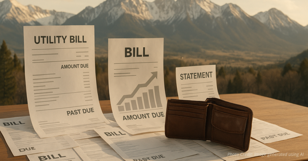 Rising bills against Colorado mountains symbolizing cost of living crisis