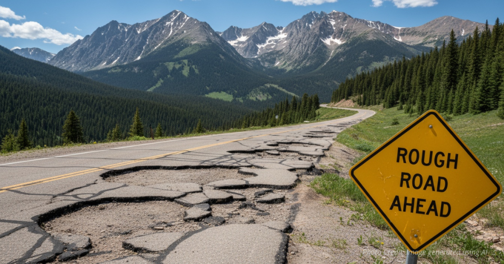 Crumbling mountain road in Colorado with potholes and a “Rough Road Ahead” sign against scenic Rocky Mountain views.