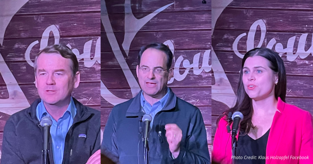 Photos of Michael Bennet, Phil Weiser and Jena Griswold from a public event, used to illustrate campaign-finance scrutiny.
