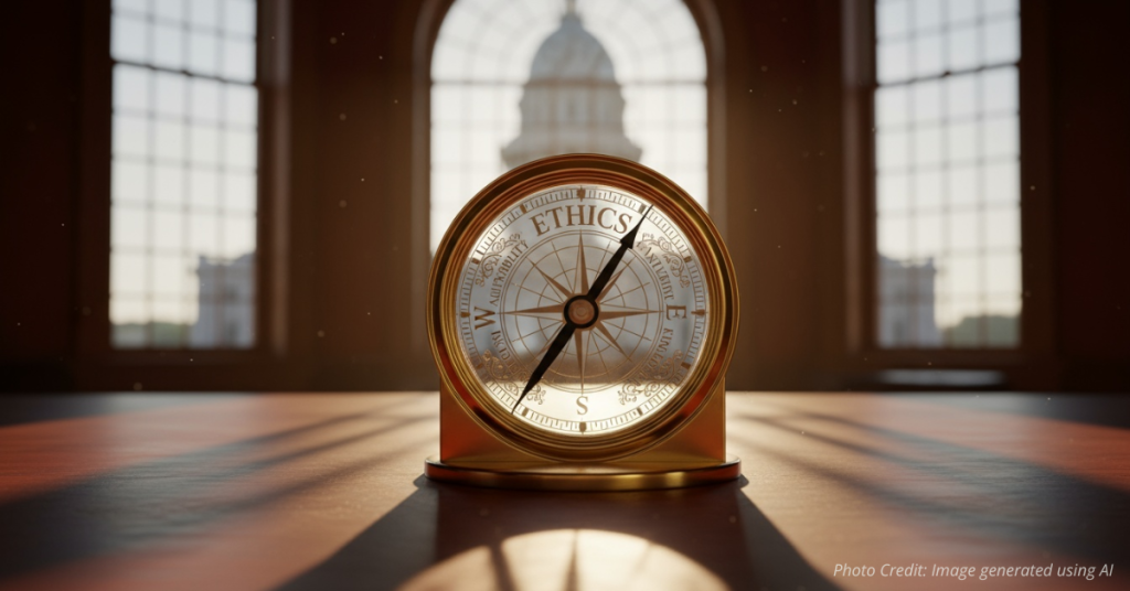 Compass labeled Ethics pointing to Accountability over Colorado Capitol backdrop.