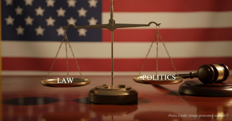 “Scales of Justice tilted between law and politics in courthouse setting.”