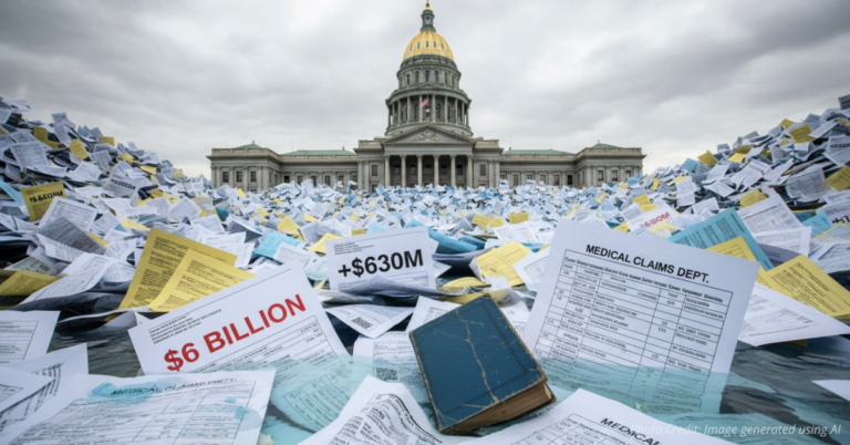 Colorado State Capitol surrounded by floodwaters labeled Medicaid Costs.