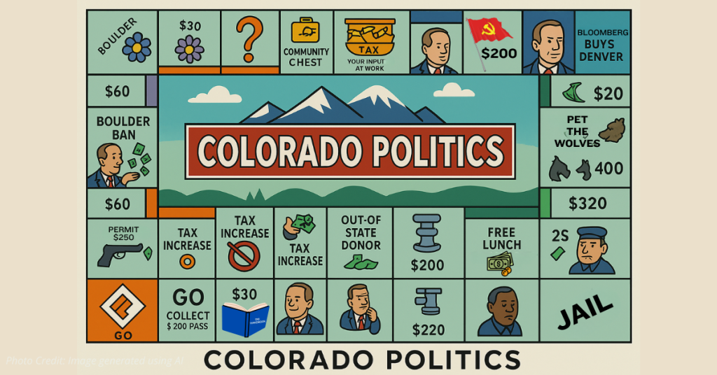 Monopoly-style board depicting Colorado ballot measures and taxes
