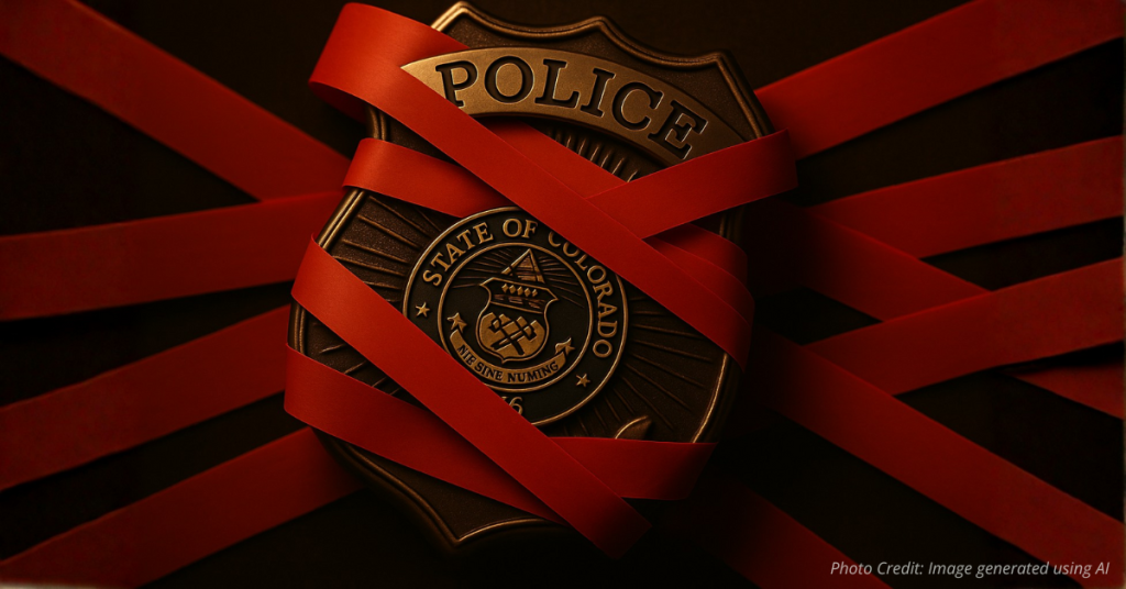 Colorado police badge wrapped in red tape symbolizing legislative constraints