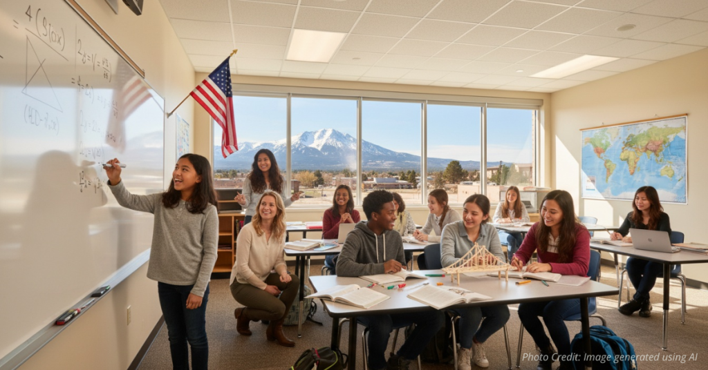 Students learning in a Colorado Springs classroom with Pikes Peak visible through the window.