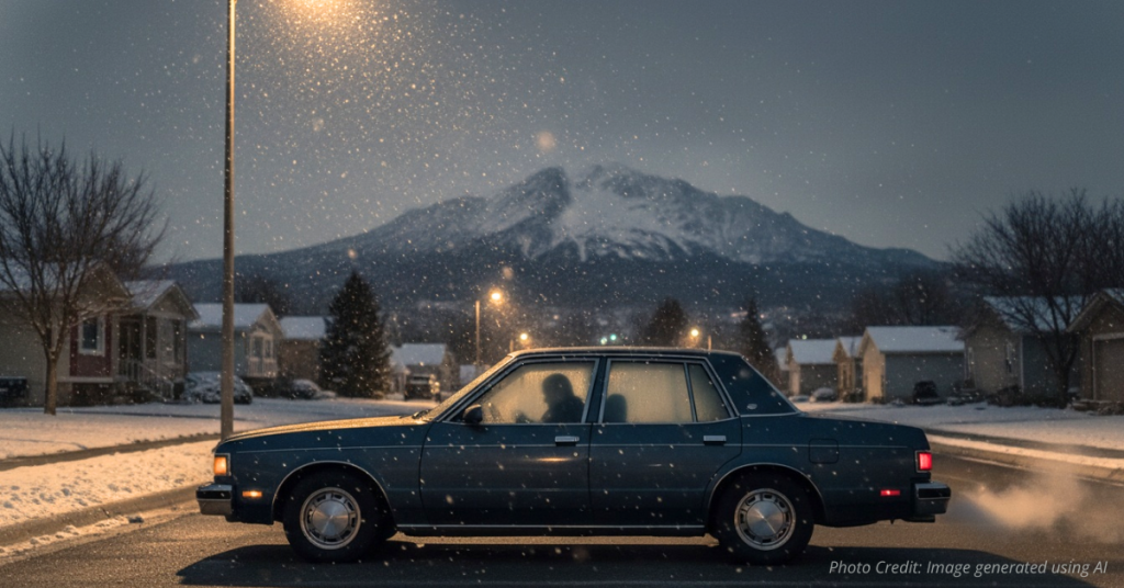Car with frosted windows parked under streetlight on snowy Colorado Springs night