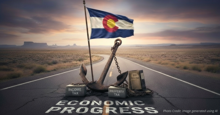 olorado flag weighed down by chains labeled taxes and regulation