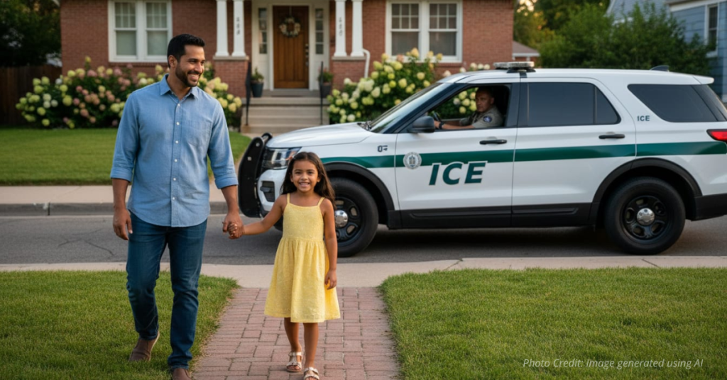 Families in a Colorado neighborhood with a blurred ICE vehicle in the distance.