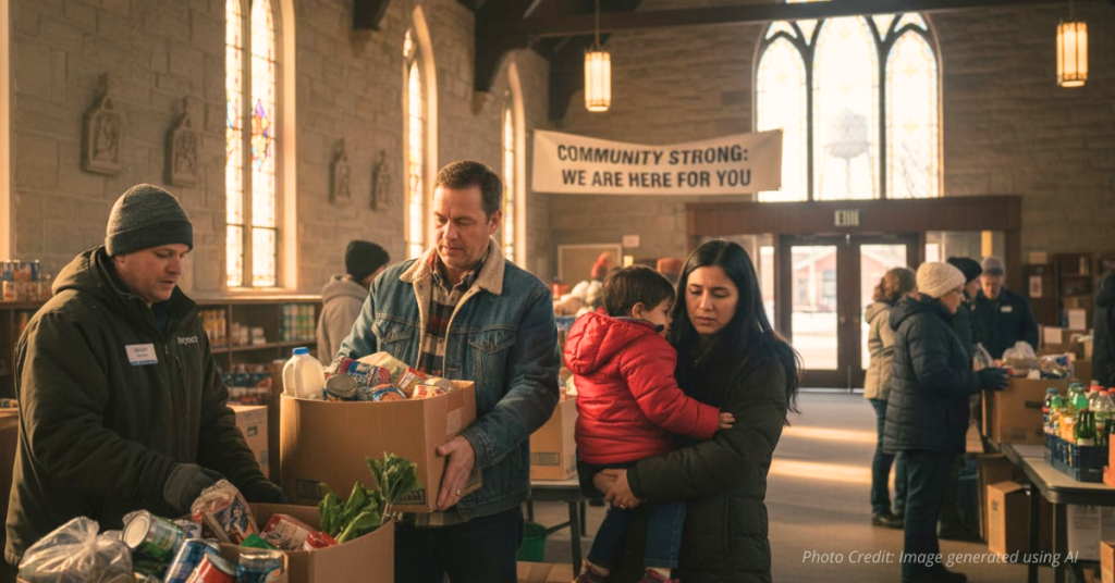 Church volunteers hand out food boxes to families in a Nebraska town affected by the Tyson plant closure.