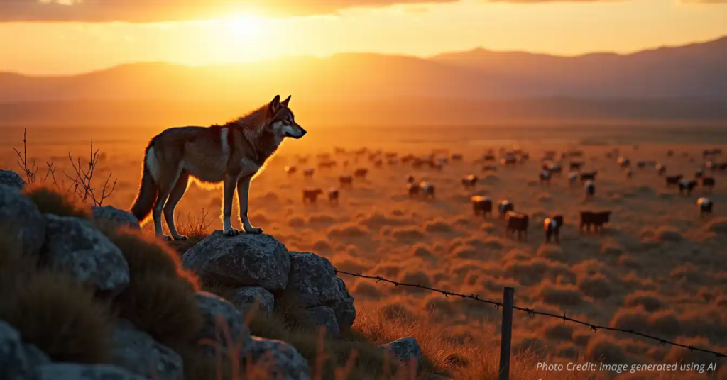 Wolf overlooks a ranch from a ridge at sunrise, symbolizing the tension of coexistence.