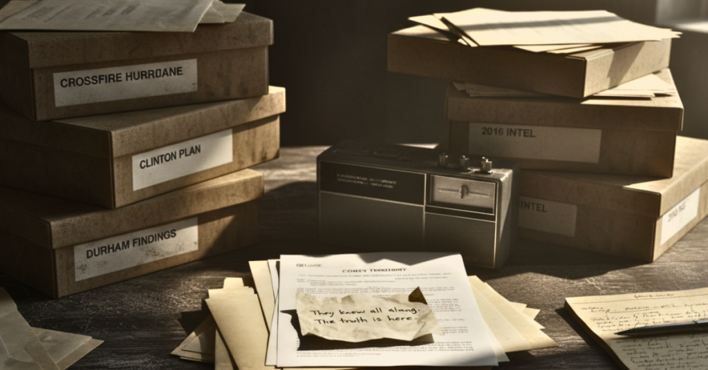 Folders labeled Clinton Plan and Crossfire Hurricane on a desk with one opened to reveal resurfaced notes.