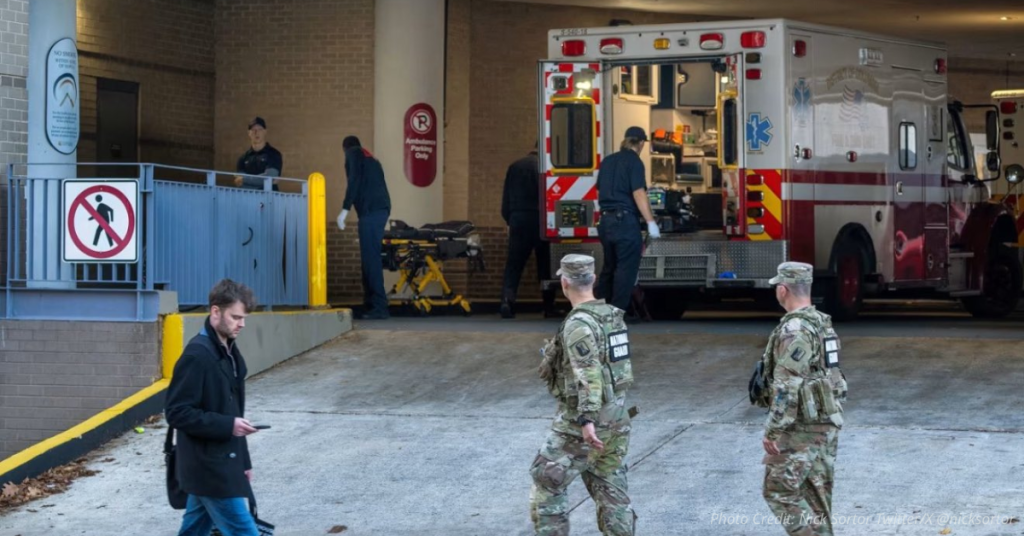 National Guard troops and first responders outside hospital after DC shooting involving Afghan national suspect