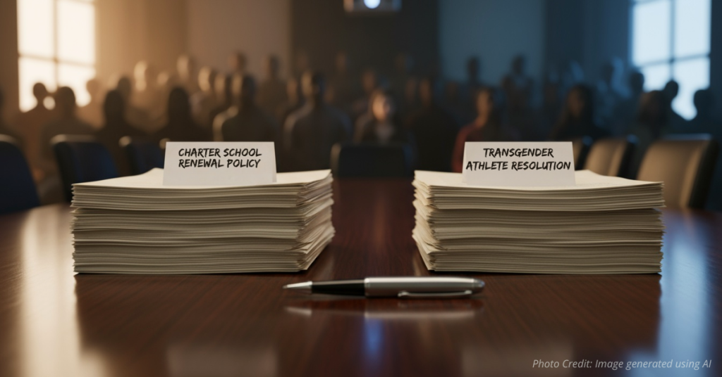 Documents labeled “Douglas County School Board Policy” on a desk with pen and glasses.