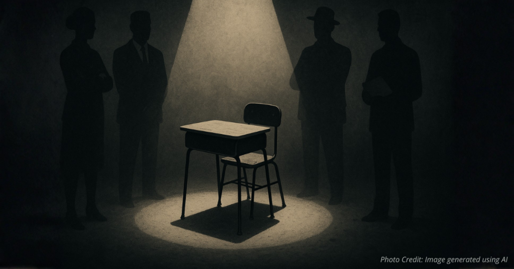Empty classroom desk under a spotlight reminding parents to stay vigilant about the adults shaping their child’s education