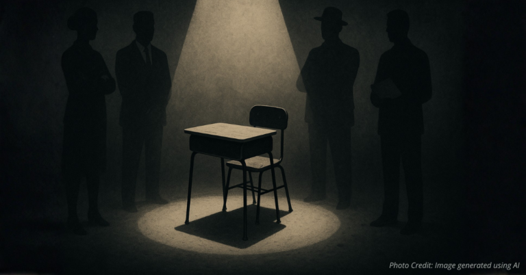 Empty classroom desk under a spotlight reminding parents to stay vigilant about the adults shaping their child’s education