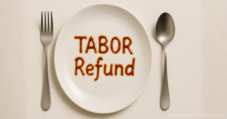 Plate with ‘TABOR Refund’ written in sauce symbolizing lost refunds