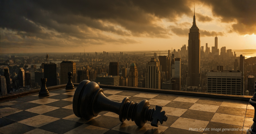 Chess king toppled on rooftop with New York skyline