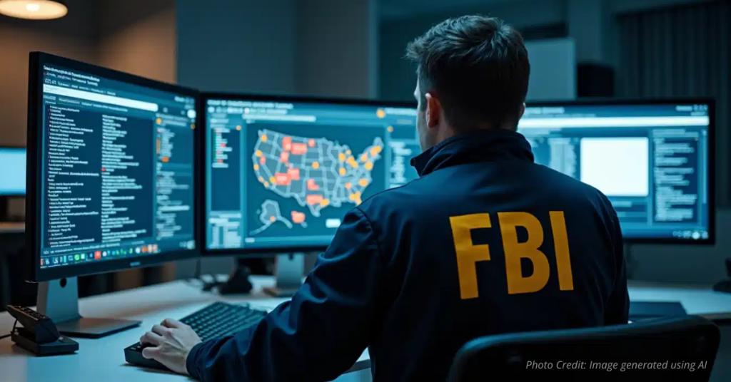 FBI agent monitors multiple digital threat screens during cyber operations targeting NVE and 764 networks.