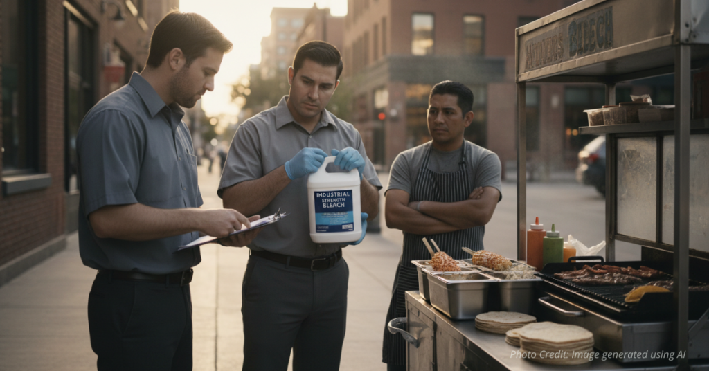 Gloved health inspector holding a gallon of bleach while the other inspector uses the checklist.