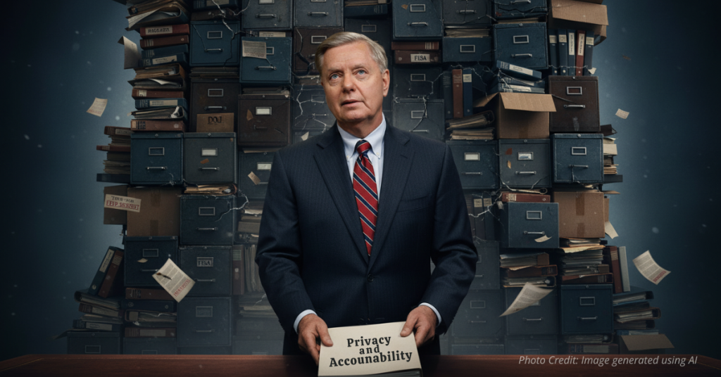 Sen. Graham sets a Privacy and Accountability document on a desk as a cracking DOJ and FISA file monolith looms behind him.