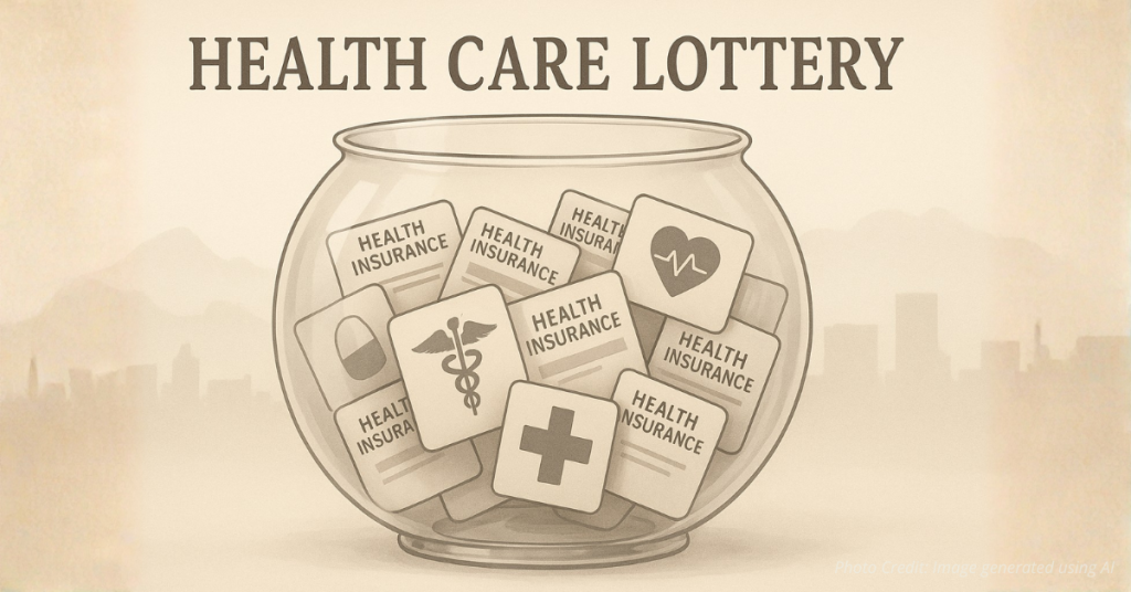 Lottery bowl with medical cards showing health care decided by chance