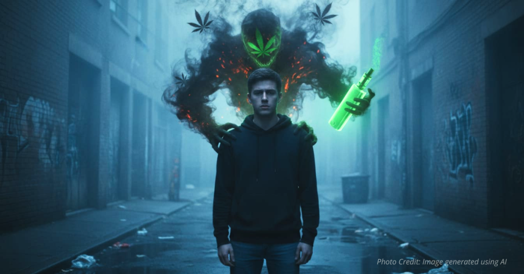 Young adult appearing calm while their shadow reveals distress and cannabis-related dependency.