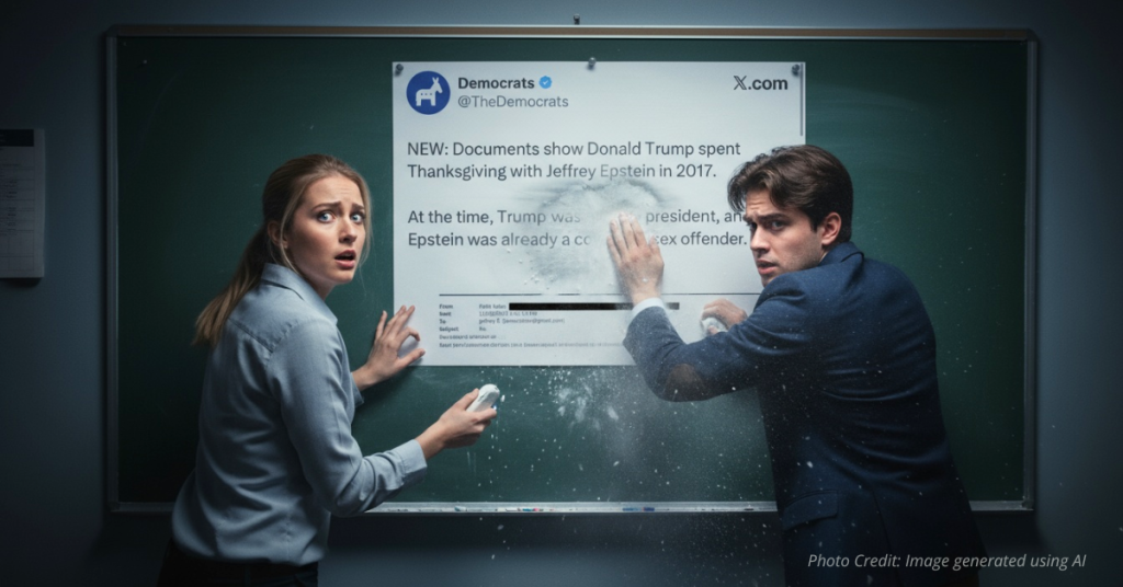 Two young interns frantically erase a large Twitter post with Democratic branding on a chalkboard, looking startled and panicked.