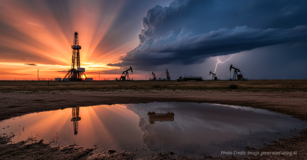 Storm cloud shaped like a gavel forming over an oil refinery, symbolizing legal pressure on the U.S. energy industry