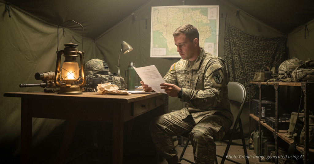 Male U.S. soldier alone in a command tent reading official orders under low warm lighting.