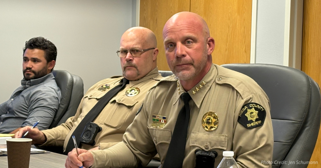 Mesa County Sheriff Todd Rowell and Undersheriff Matt King seated during a budget appeal meeting