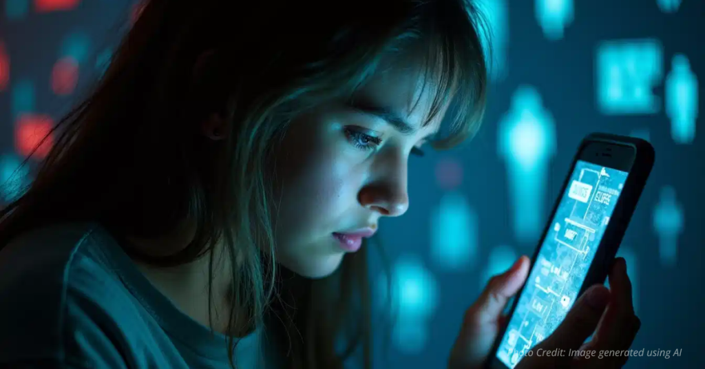 Blurred teen surrounded by overwhelming notification alerts symbolizing digital risk and unsafe online engagement.