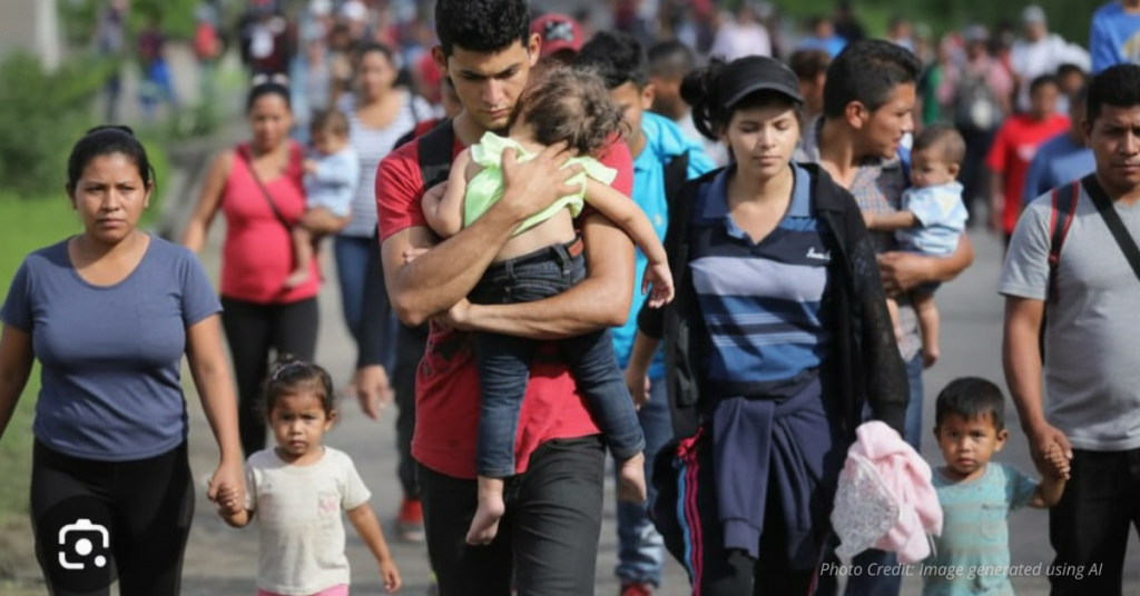 Image of migrants crossing the U.S.-Mexican border with multiple children. The U.S. must educate.