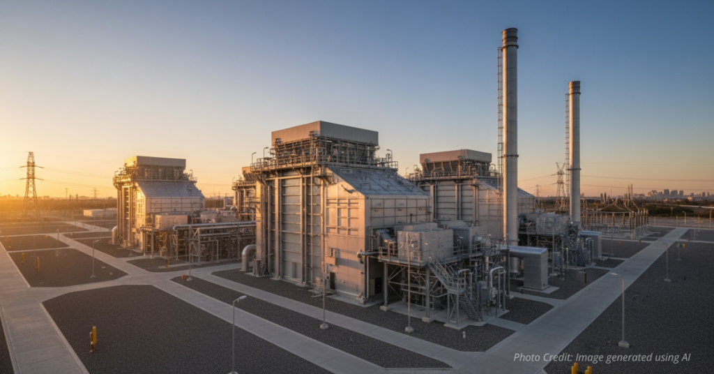 “Modern natural-gas turbine power plant with combined-cycle equipment and minimal emissions under a clear sky.”