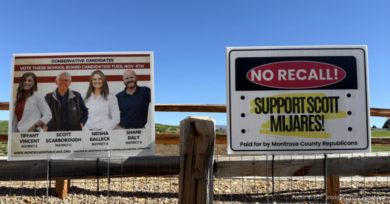 Campaign signs in Montrose County promoting conservative school board candidates and opposing the recall of Commissioner Scott Mijares