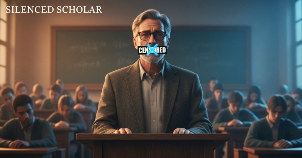 Professor with tape over mouth symbolizing censorship in college classrooms