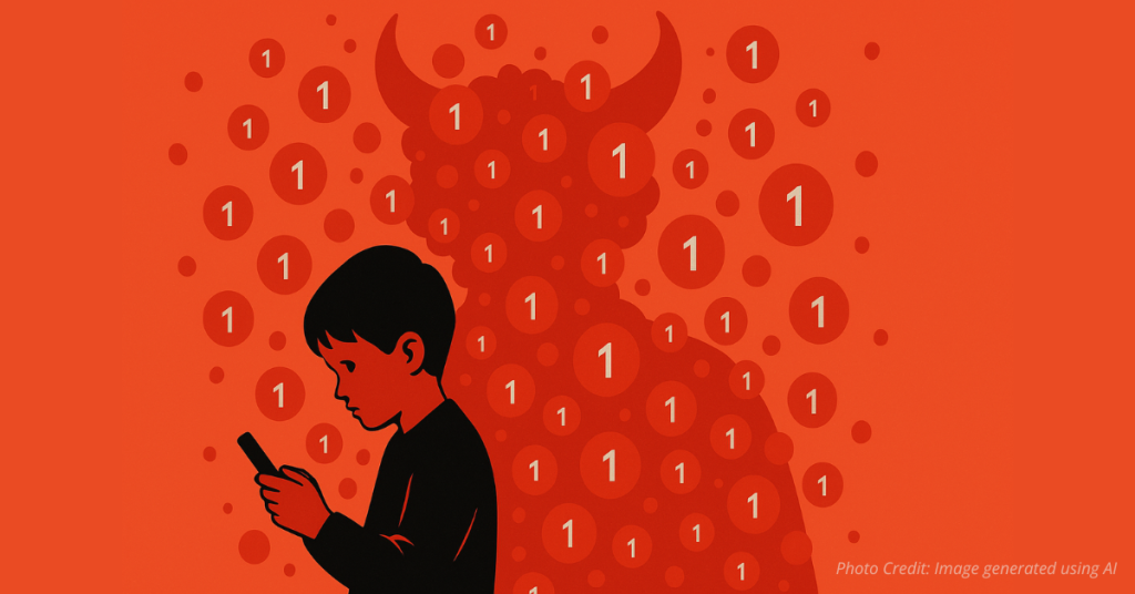 Notification bubbles forming a horned silhouette around child