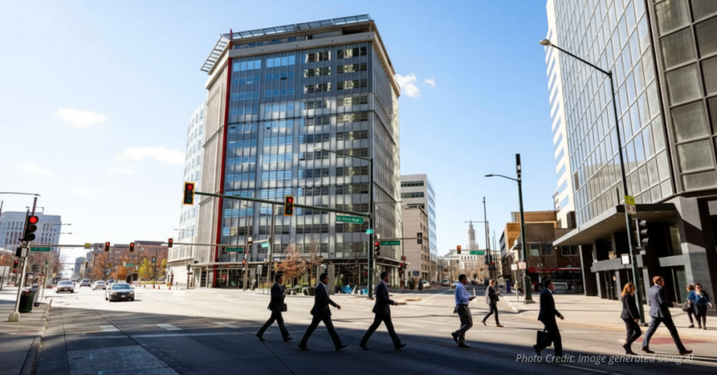 Petroleum Building in downtown Denver shown under bright skies with subtle redevelopment activity.