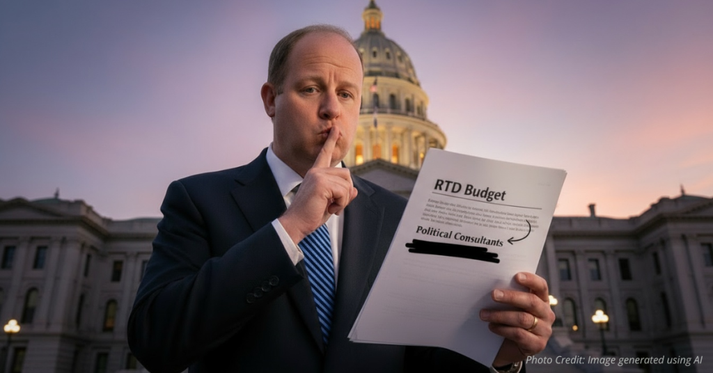 Gov. Jared Polis shushes in front of the Colorado Capitol, symbolizing silence over RTD taxpayer spending controversy.