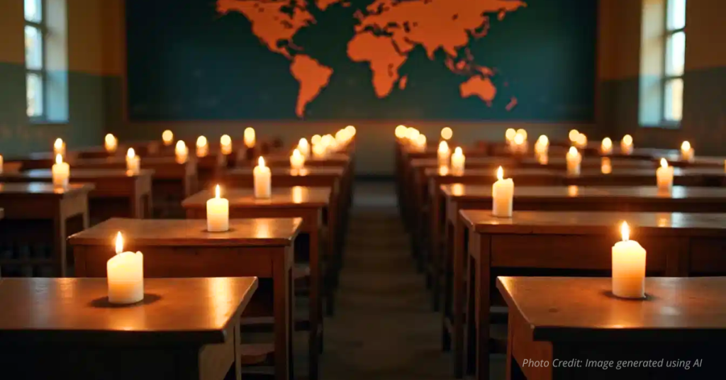 Lit prayer candles arranged in a cross on a dark table symbolizing hope for missing Nigerian schoolchildren.